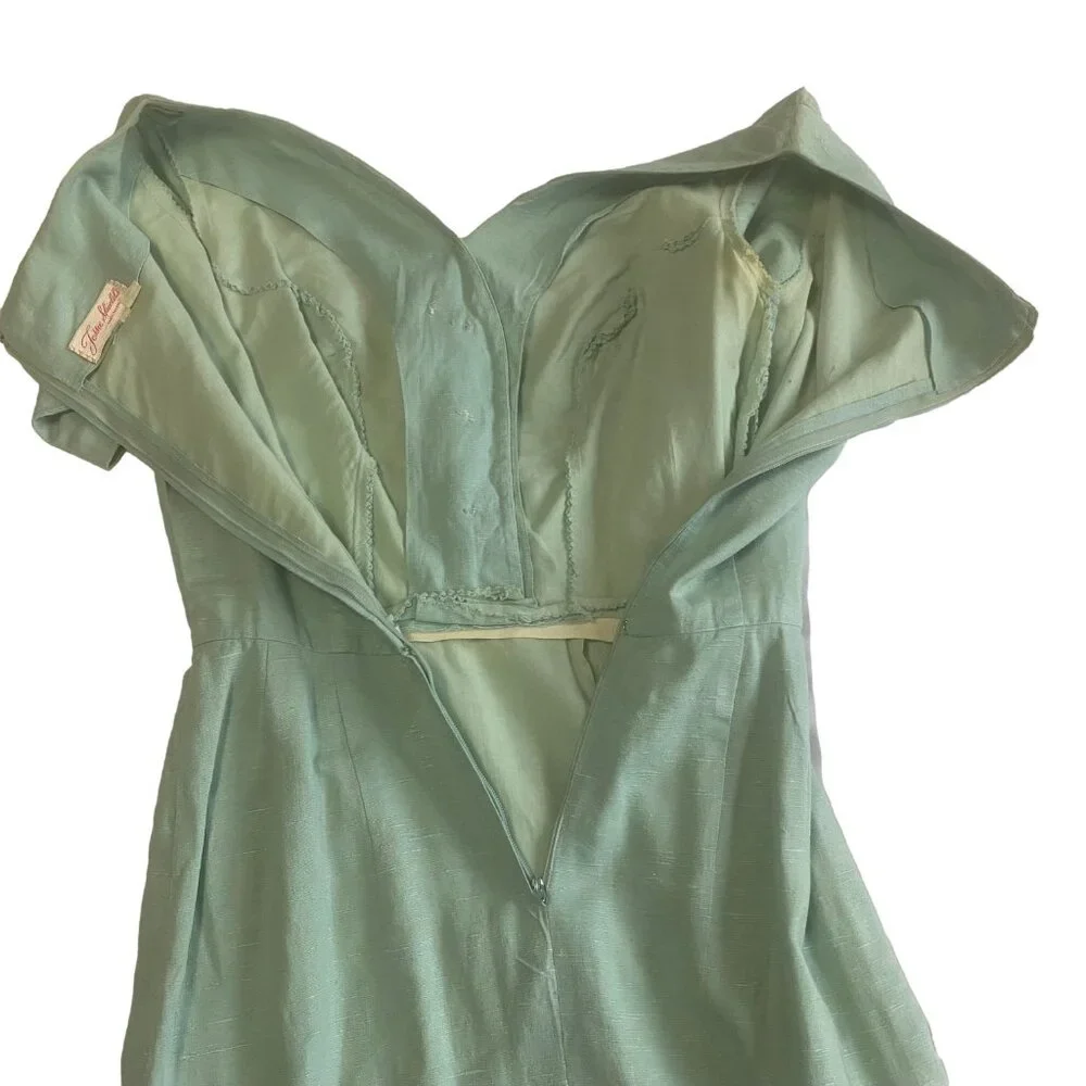 VINTAGE 1950s Josie Shield Mint Green‎ Shantung Fit & Flare Dress Midcentury S - Picture 8 of 15